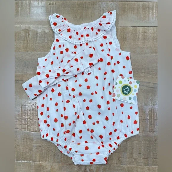 Little Me baby girl matching strawberry bubble romper onesie dress headband - Picture 6 of 8